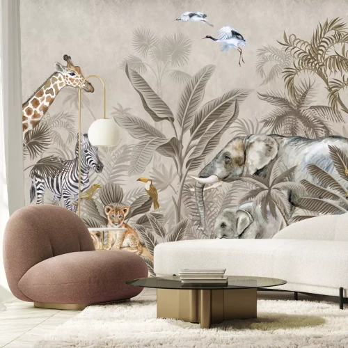 Fototapete Safaritiere in einem tropischen Dschungel zwischen Palmen