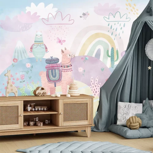 Fototapete Lamas in einer Märchenwelt buntes Muster für Kinder