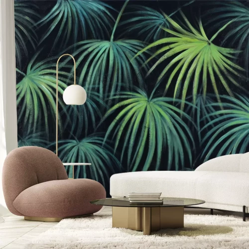 Fototapete Grüne tropische Blätter auf dunklem Hintergrund