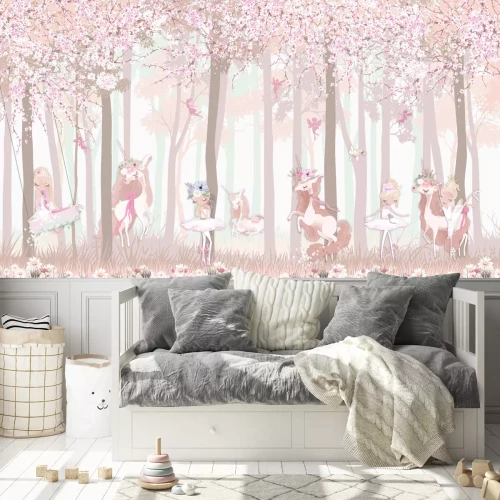 Fototapete Prinzessinnen und Einhörner in einem Märchenwald mit Blumen