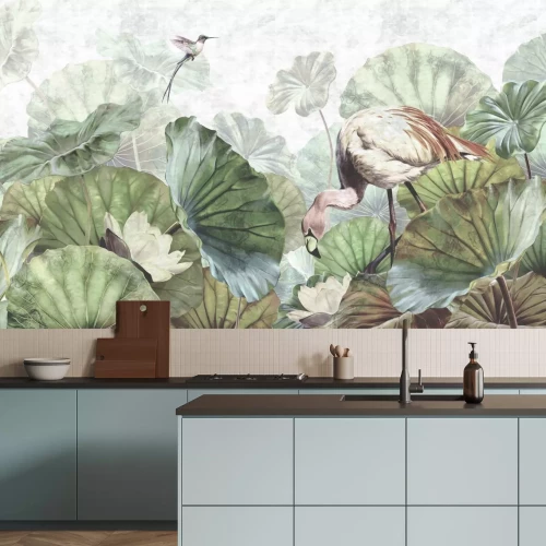 Fototapete Exotische Vögel und Seerosen im Aquarellstil