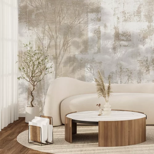 Fototapete Bäume auf einem Karton Hintergrund Landschaft in Beigetönen