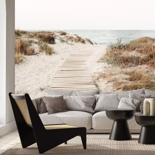 Fototapete Holzabstieg zum Strand mit Meerblick