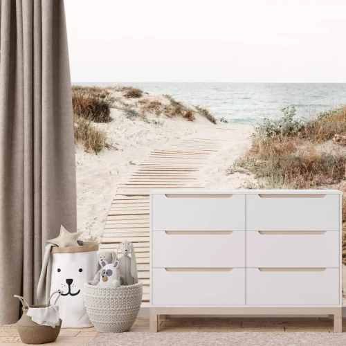 Fototapete Holzabstieg zum Strand mit Meerblick