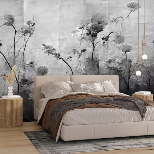 Fototapete Wildblumen Pflanzen schwarz und weiß Industrie-Stil Muster