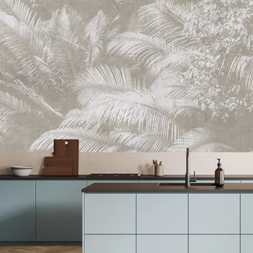 Fototapete Helle Palmblätter auf einem beigefarbenen strukturierten Hintergrund