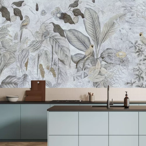 Fototapete Vögel und tropische Pflanzen auf strukturiertem Hintergrund, botanisches Muster