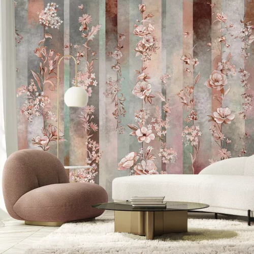 Fototapete Blumen auf Ranken mit gestreiftem Hintergrund