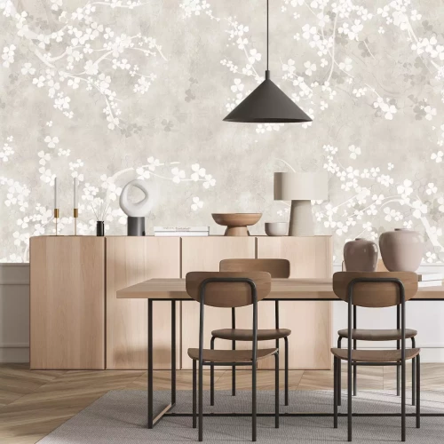 Fototapete Äste mit weißen Blüten auf beigem Hintergrund