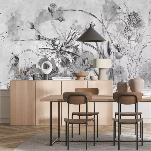 Fototapete Wildblumen und Mohnblumen in grauen Farben