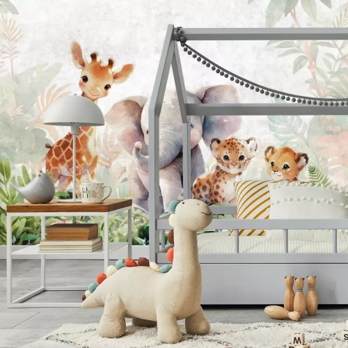 Fototapete Aquarell-Tier- und Blattmuster für Kinder