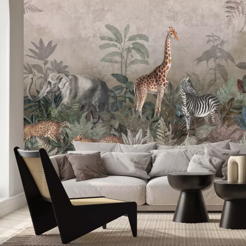 Fototapete Safaritiere und tropische Pflanzen im dichten Dschungel