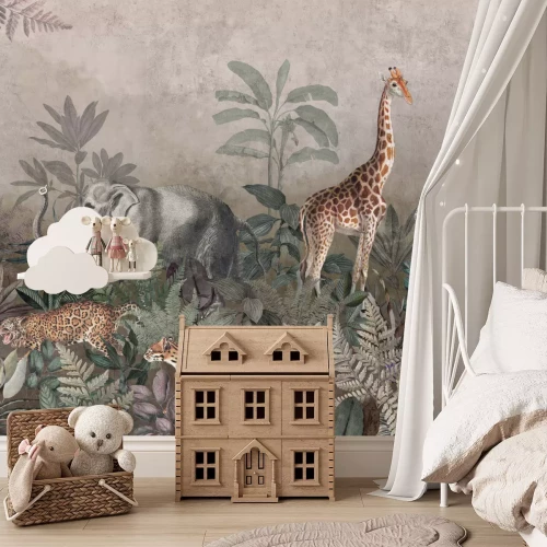 Fototapete Safaritiere und tropische Pflanzen im dichten Dschungel