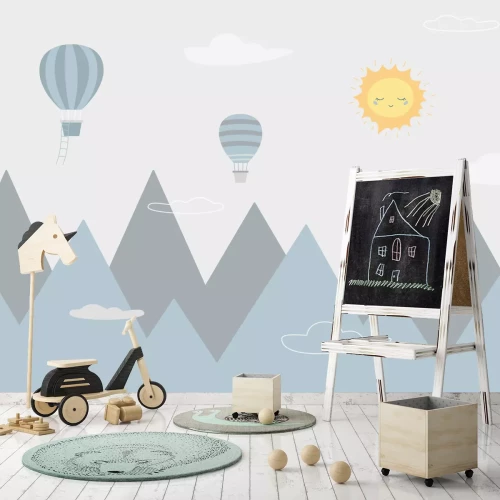 Fototapete Sonne und Luftballons über einer Berglandschaft