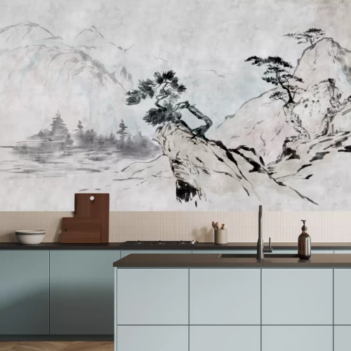 Fototapete Landschaft mit Bäumen und Bergen im chinesischen Stil