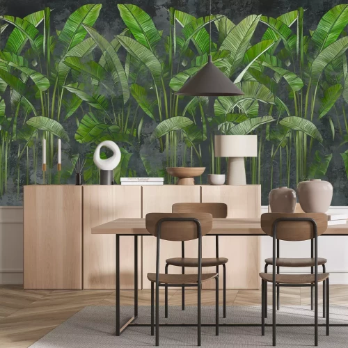 Fototapete Grüne tropische Bananenblätter auf strukturiertem Hintergrund