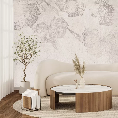 Fototapete Blumen im Skizzenstil auf konkretem Hintergrund