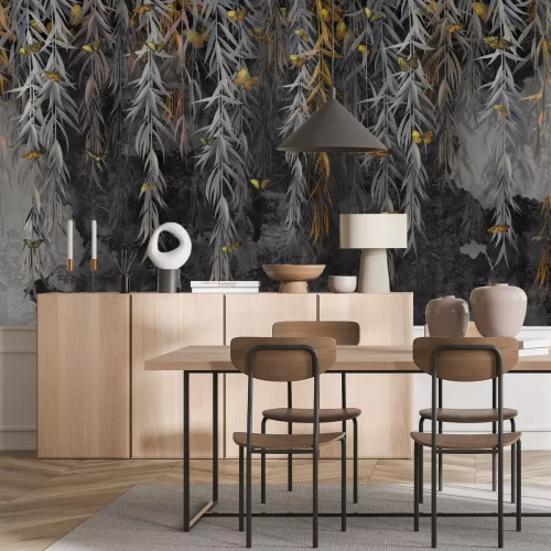 Fototapete Hängende Ranken einer Pflanze auf dunklem Betonhintergrund