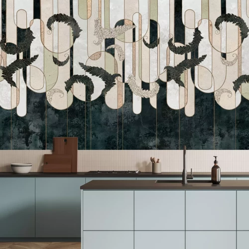 Fototapete Blätter auf einem geometrisch strukturierten Hintergrund