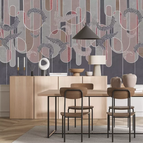 Fototapete Blätter und geometrische Formen auf konkretem Hintergrund