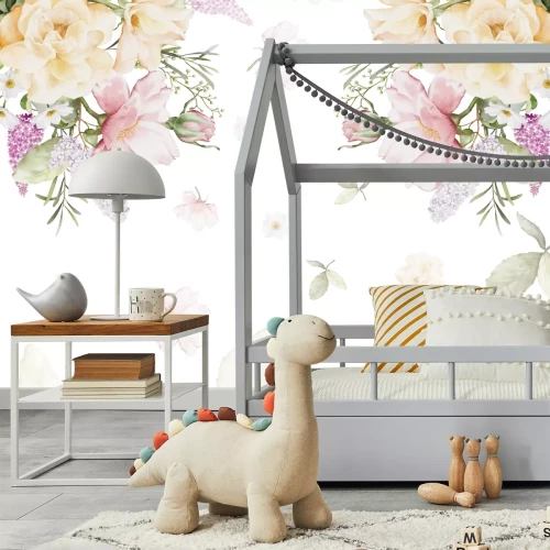 Fototapete Aquarellblumen und -blätter auf weißem Hintergrund