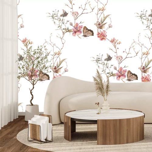 Fototapete Schmetterlinge und Blumen im Aquarellstil auf weißem Hintergrund