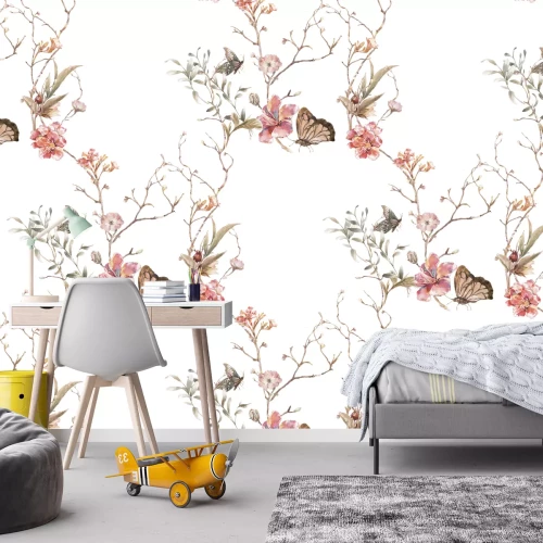 Fototapete Schmetterlinge und Blumen im Aquarellstil auf weißem Hintergrund