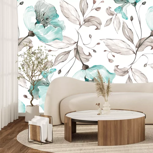 Fototapete Blumen und Blätter in Aquarell auf weißem Hintergrund gemalt