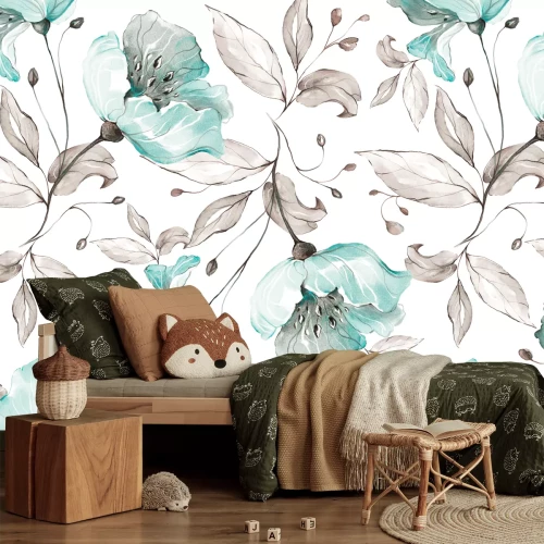 Fototapete Blumen und Blätter in Aquarell auf weißem Hintergrund gemalt