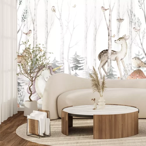 Fototapete Ein Einhorn und Tiere zwischen den Bäumen in einem Märchenwald