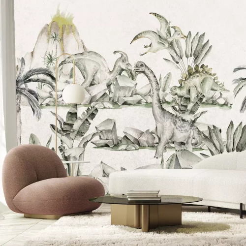 Fototapete Dinosaurier und tropische Pflanzen vor der Kulisse eines Vulkans