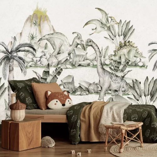 Fototapete Dinosaurier und tropische Pflanzen vor der Kulisse eines Vulkans