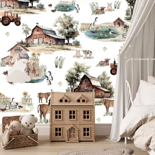 Fototapete Aquarell Bauernhof mit Tieren, Kindermuster