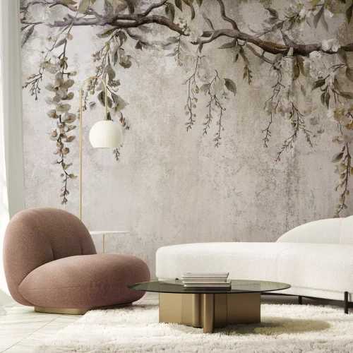 Fototapete Blumen auf einem Zweig mit einer Betonstruktur im Hintergrund