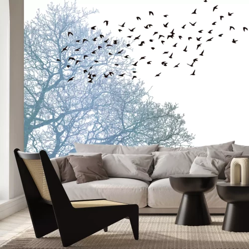 Fototapete Schwarze Vögel und ein Baum auf weißem Hintergrund