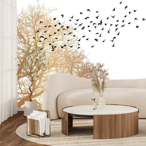 Fototapete Baum und schwarze Vögel auf weißem Hintergrund