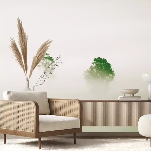 Fototapete Silhouetten von Bäumen im dichten Nebel