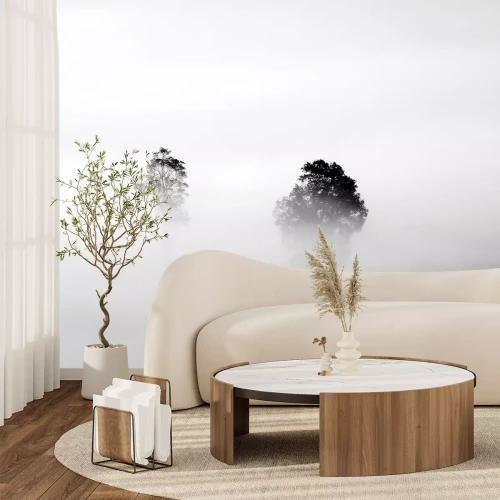 Fototapete Monochrome Landschaft mit Bäumen im Nebel