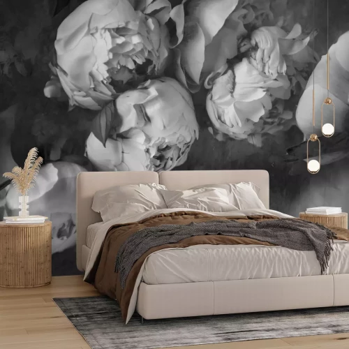 Fototapete Schwarz-weißes Pfingstrosenblumenmuster