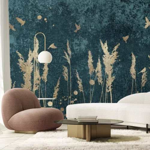 Fototapete Gräser und Vögel auf konkretem Hintergrund