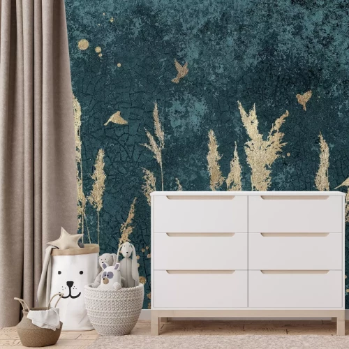 Fototapete Gräser und Vögel auf konkretem Hintergrund