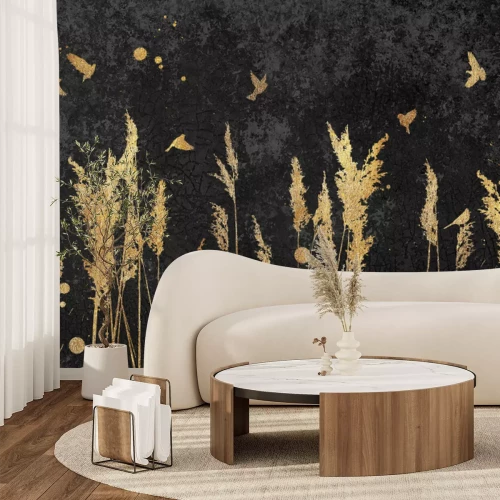 Fototapete Gräser und Vögel auf schwarzem Betongrund