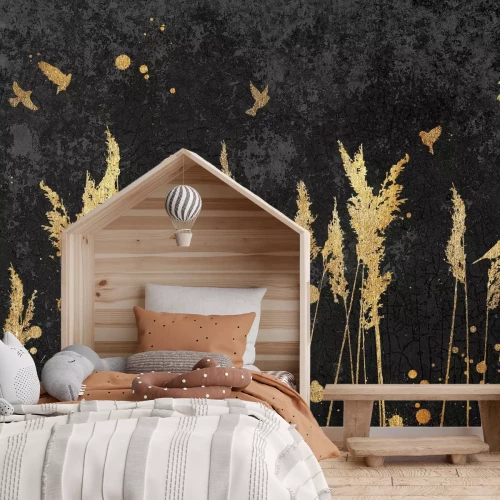 Fototapete Gräser und Vögel auf schwarzem Betongrund