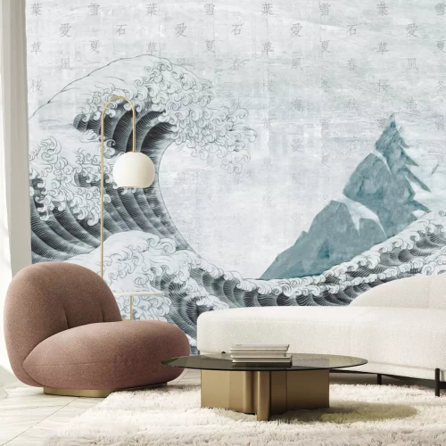 Fototapete Die Große Welle vor der Küste von Kanagawa und chinesische Briefmarken