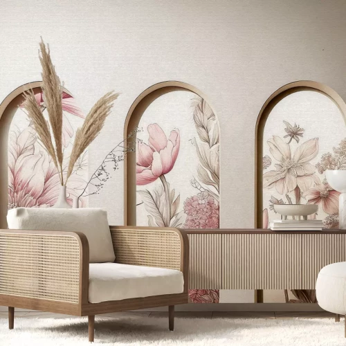 Fototapete Blumen in 3D-Bögen, botanisches Muster