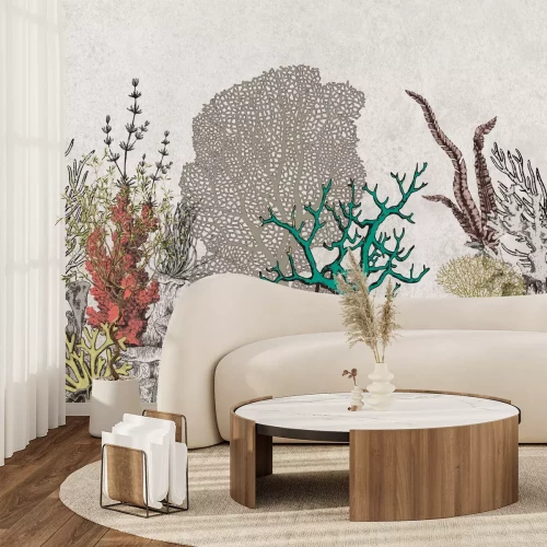 Fototapete Nautisches Muster mit Korallen auf strukturiertem Hintergrund