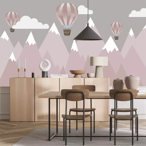 Fototapete Luftballons und rosa Berge Muster für Kinder