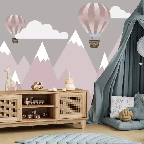 Fototapete Luftballons und rosa Berge Muster für Kinder