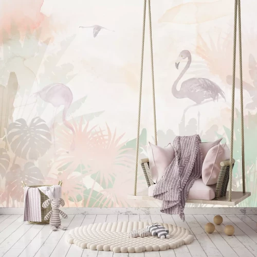 Fototapete Flamingos und tropische Blätter im Aquarellstil