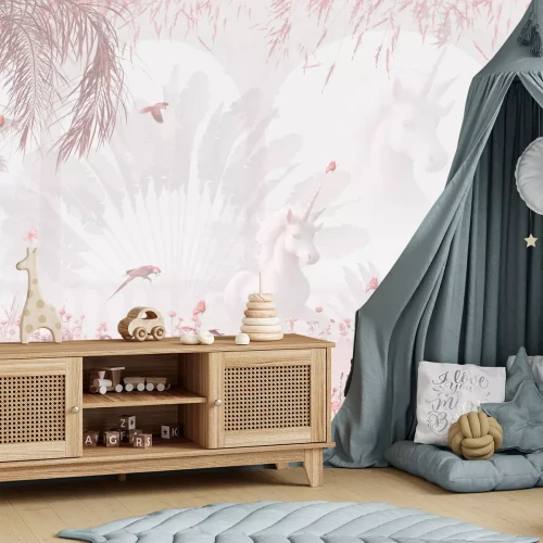 Fototapete Einhorn und Flamingos zwischen rosa Blumen und Pflanzen